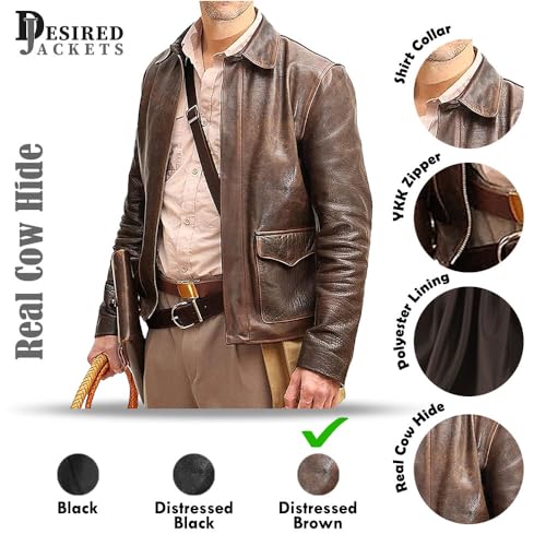 Men's Raiders of The Lost Harrison Jones Vintage Brown Bomber Leather Jacket Genuine Cowhide Distressed Leather Jacket4