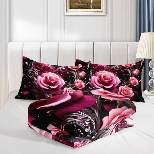 Image of AILONEN Pink Roses Heart Comforter Set Full Size,Romantic Floral Pattern Bedding Set for Teens Girls Women,3-Piece Flower Decor Quilt with 2 Pillowcases