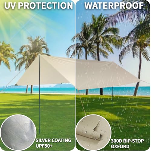 DANCHEL OUTDOOR 13x9.8ft Large Waterpoof Camping Nylon Tarp Canopy, Tent Canopy Sun Shelter Glamping Awning Accessories, Khaki