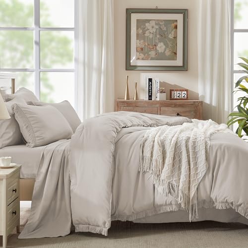 Image of Andency Full Size Comforter Set Heather Grey -7 Pieces Boho Tassel Bed in a Bag Soft Lightweight Bedding Sets, Fringe All Season Bed Set with Comforter, Sheets, Pillowcases & Shams