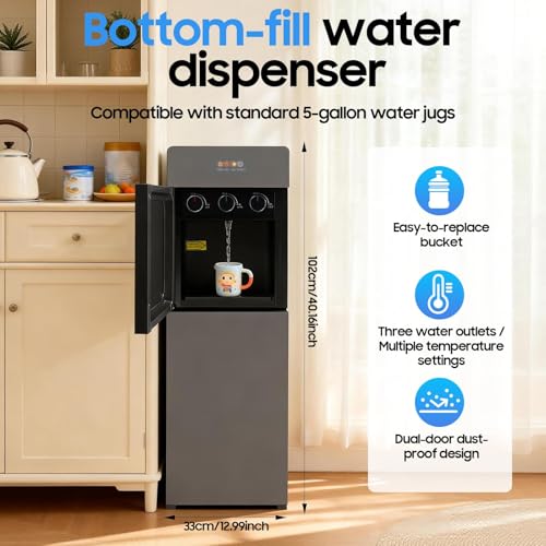 Image of Bottom Loading Water Cooler Dispenser for 3 or 5 Gallon Bottles,3 Temperature Settings Hot,Cold & Room Water Dispenser with Empty Bottle Alert,Stainless Steel Finish,for Office Home