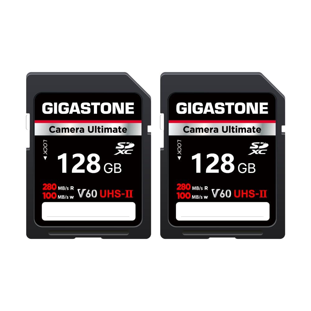 GIGASTONE UHS-II V60 128 GB Zestaw 2 kart SD, Camera Ultimate, prędkość do 280/100 MB/s, U3 SDXC 4K Ultra HD UHD Video do DSLR Canon, Nikon, Sony, Pentax, Kodak, Panasonic, z 2 mini etui