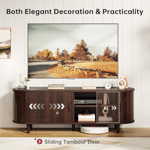 MXV 58\" Mid-Century Modern TV Consoles with Sliding Doors, TV Stand with Power Outlet, Fluted Entertainment Center with Adjustable Shelves for Living Room