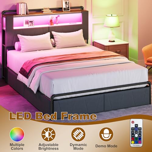 Image of Queen Bed Frame with 3 Tiers Storage Headboard, Upholstered Footboard, 2 Drawers, Platform Metal Bed Frame with Charging Station LED Light Bed Frame, Heavy Duty, No Box Spring Needed, Dark Gray