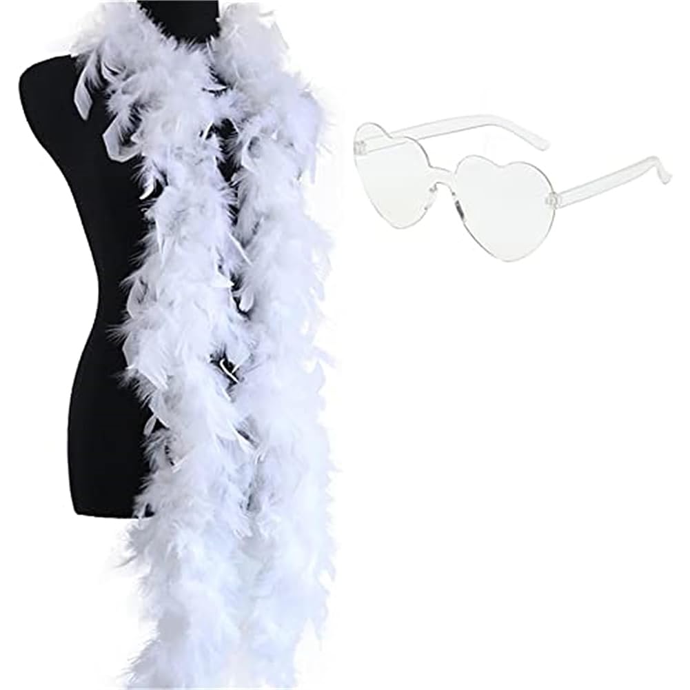 ZOOMPIL White Feather Boa and Glasses, Feather Boa for Women, Colorful Feather Boas Ideal for Christmas, Halloween, Dance, Wedding, Party and Cosplay, white, One size