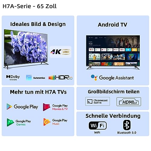 CHIQ 65 Zoll Fernseher,U65H7A,4K Smart TV,Android 11,WiFi,Bluetooth,Dolby Vision,Play Store, Google Assistant,Chromecast,Netflix,Triple Tuner(DVB-T2/T/S2/C), HDMI2.0, Schwarz – Bild 3