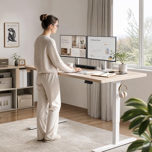 Image of Grandder 47x32 Large Electric Standing Desk, Height Adjustable Computer Desk with 2 Memory Presets, 31.5 inch Deep Desktop Sit Stand Desk Home Office Desk Workstation Table with Hooks, Light Walnut