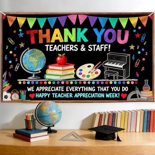 Thank You Teachers Backdrop, 73x44'' Teacher Appreciation Week Decorations for Classroom, Durable Polyester Staff Appreciation Banner for School Office, Photo Booth Props Background