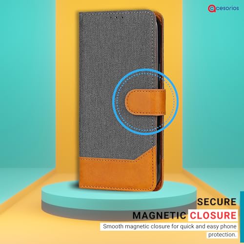 Image of Accesorios Flip Cover for Realme 12 Plus 5G | Denim & Leather | Luxury Wallet Folio | Two-Tone Design | Shockproof Wallet Style Flip Case for Realme 12 Plus 5G (Grey)