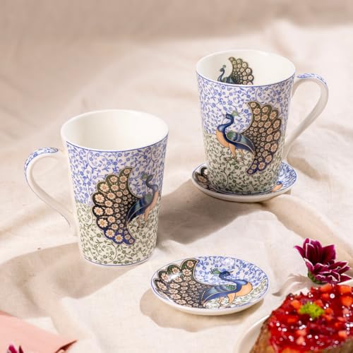 Image of GOLDEN QUEEN'S Mugs & Coaster Set of 2 for Coffee, Tea, Milk - Ideal for Your Daily Beverage Ritual, Hosting & Casual Gatherings | 300ML | Micorwave Safe - Indian Peafowl