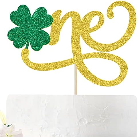 One Shamrock Cake Topper, 1st First Birthday Cake Topper Decoration, Happy St. Patrick's Day Party Decoration, Easter Shamrock Clover Lucky Theme Party (Gold and Green)