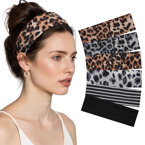 AWAYTR 6Pcs Wide Headbands for Women Non Slip Soft Elastic Hair Bands for Womens Hair for Workout Sports (Leopard Print Standard)