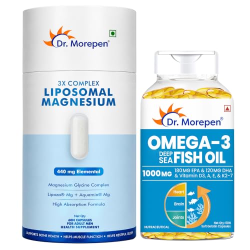 Image of Dr. Morepen Omega-3 Fish Oil 1000mg (60 Softgels) + 3X Complex Liposomal Magnesium 440mg with Vitamin D2, K2-7, B6 & B12 (60 Capsules) | Heart, Joint, Sleep & Muscle Support Bundle