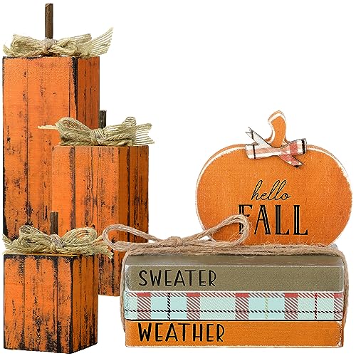 Bencailor-7-Pcs-Fall-Decorations-for-Home-Farmhouse-Pumpkin-Table-Block-Decoration-Retro-Autumn-Wooden-Stacked-Books-Bundle-for-Fall-Thanksgiving-Home-Table-Centerpieces-Tiered-Tray-Decor Bencailor 7 Pcs Fall Decorations for Home Farmhouse Pumpkin Table Block Decoration Retro Autumn Wooden Stacked Books Bundle for Fall Thanksgiving Home Table Centerpieces Tiered Tray Decor
