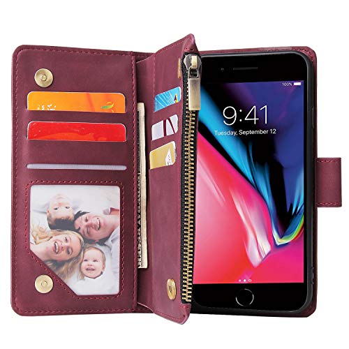 CHICASE Wallet Case for iPhone SE 2020,iPhone 7/8 Case,Leather Handbag Zipper Pocket Card Holder Slots Wrist Strap Flip Protective Phone Cover for Apple iPhone 7/8/iPhone SE 2020(Wine Red)