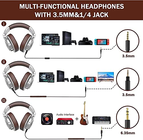 Image of OneOdio A71 Hi-Res Studio Recording Headphones - Wired Over Ear Headphones with SharePort, Monitoring Mixing Foldable Headset with Stereo Sound, 3.5 /6.35MM Jack for PC Computer DJ Guitar-Silver