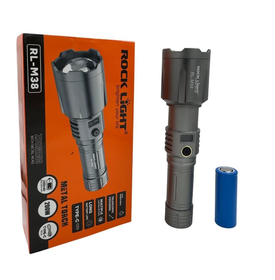 Image of RL-M38 Heavy Duty Metal Torch | 200W High Brightness LED | Rechargeable 2400mAh Battery | Zoomable Focus | Type-C Fast Charging Torch for Night & Outdoor