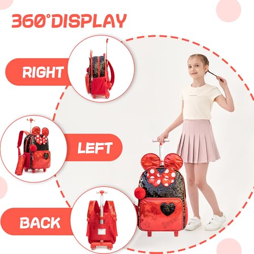 Meetbelify Rolling Backpack for Girls Backpacks with Wheels for Elementary School Students Kids 3 in 1 Travel Luggage Suitcase with Lunch Box Pencil Case for Girls Age 8-104