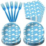 96Pcs Blue Sky White Cloud Party Decorations Blue Sky Paper Plates White Cloud Napkins Forks Boys Girls Baby Shower Birthday Party Supplies