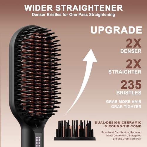 Ionic Hair Straightener Brush for Women, Anti-Frizz Straightening Brush with Dense Ceramic Bristles, 5 Heat Settings, Dual Voltage Hot Brush for Thick, Curly & Fine Hair, Easy Daily Styling - image 2
