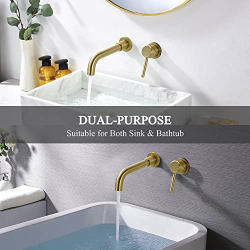 Yardmonet Solid Brass Wall Mount Faucet For Bathroom Sink, Brushed Gold Wall Mounted Bathroom Faucet With Single Handle, Rough-In Valve Included #TOP4