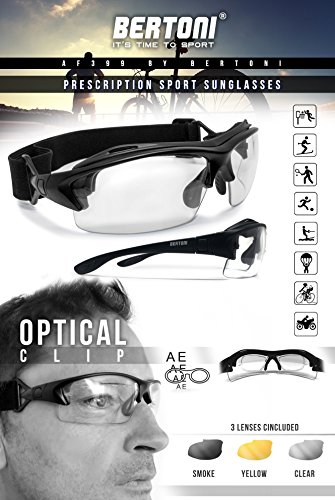 Bertoni Prescription Sport Sunglasses Goggles – 3 Interchangeable Antifog Lenses - Sport Glasses With Optical Clip For Pescription Lenses - Interchangeable Arms/Strap –Af399 Mat Black By Bertoni Italy #TOP2