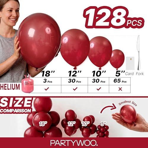 Image of PartyWoo Burgundy Balloons 128pcs Dark Chestnut Red Maroon Color | 18 12 10 5 Inch Balloons for Birthday Graduation Anniversary Cherry Casino Cherry Bridal Shower Party Decorations Red-Y62