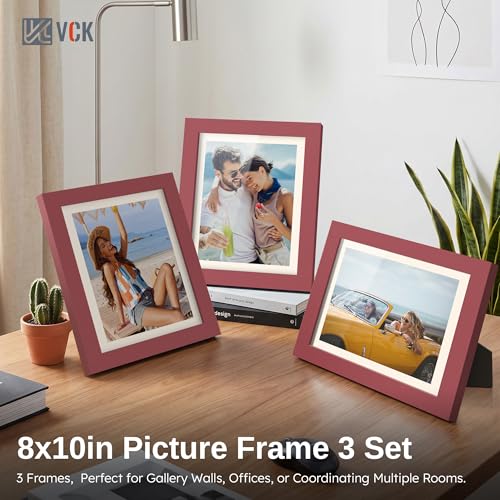 Image of VCK 8x10 Picture Frame Set of 3 - Red, Wide Border Solid Wood Frame, Display Pictures in Horizontal and Vertical, for Home, Office, Gallery, Woodgrain Series, Wall Hanging