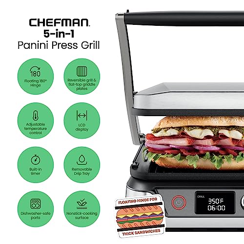 image for Chefman 5-in-1 Digital Panini Press Grill Sandwich Maker and Griddle G