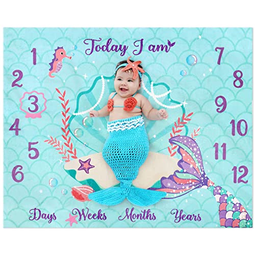 Image of Eunikroko Mermaid Baby Monthly Milestone Blanket Mermaid Fleece Blankets Baby Girls Pictures Growth Tracker Photography Background Weeks Months with Props for Newborn Infants Shower Gift (50” x 40”)