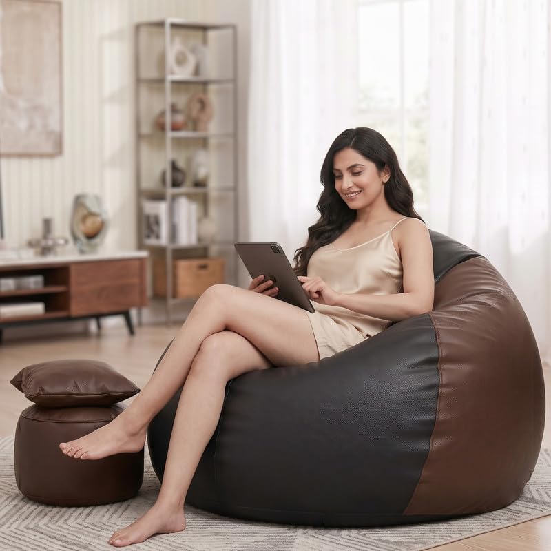 Image of Biggie Bean Bag 7XL Bean Bag Chair with Beans Filled - The Classics Bean Bag Sofa - Combo Set-Styled for Elegance with Free Cushion & Footrest (Matching Color : Xelar Black-Brown)