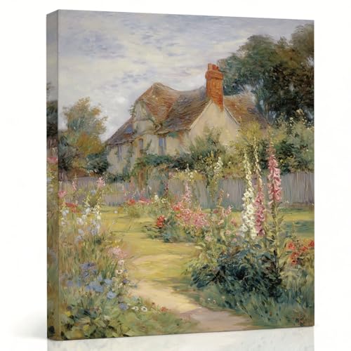 RTVJTERQ Classic Oil Painting Canvas Print 8x10, English Cottage Garden Path Impressionist Art, Romantic Floral Landscape for Living Room Bedroom Farmhouse Entryway