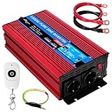 ETREPOW Wechselrichter 1000w 12v auf 230v Reiner Sinus Spannungswandler mit 2 EU-Steckdose und Einer 2,1A USB,Drahtlose Fernsteuerung,LCD Bildschirm und 2 Lüftern-Spitzenleistung 2000w Kfz Konverter