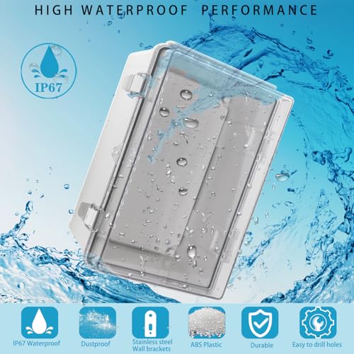 Image of Waterproof Electrical Box with Mounting Plate 300x200x170mm, IP67 Junction Box Stainless Steel Latch Hinged Clear Cover Project Enclosure with Wall Bracket and 2 Glands 11.8 inchx7.9 inchx6.7 inch