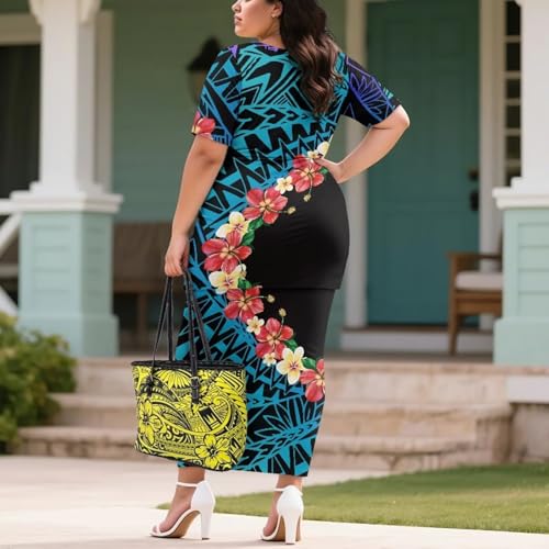 Image of Puletasi Samoan Traditional 2 Piece Outfits for Women Short Sleeve Crop Top and Maxi Skirt Sets Puletasi Dress