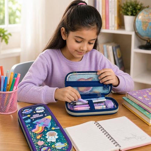 Image of WISHKEY Cute Cartoon Printed Pencil Case for Kids, Hard Shell EVA Zipper Pouch with Compartments, Multipurpose Pencil Box Organizer for School Supplies, Stationery Storage for Boys & Girls Space