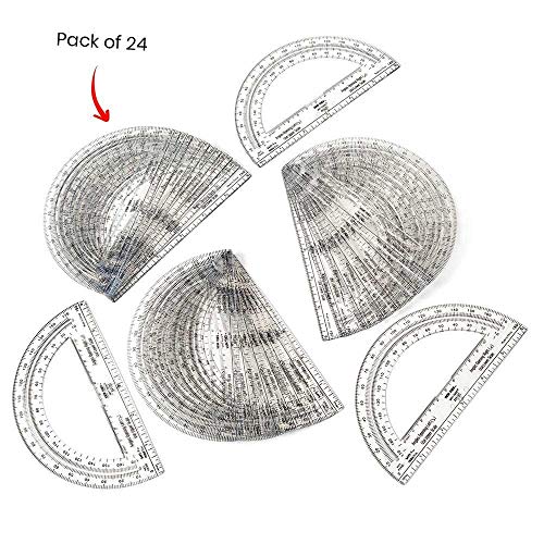 Safe-T Plastic Clear Math Protractors, Bulk Set for Classroom Geometry (Pack of 24)