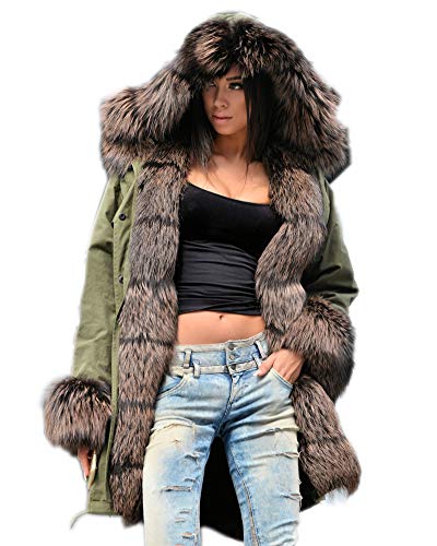 Aox Women Winter Coat Casual Faux Fur Hood Jacket Plus Size Warm Thicken Parka Fashion Outdoor Overcoat Long Cape Outwear (Large, Brown Fur Green)