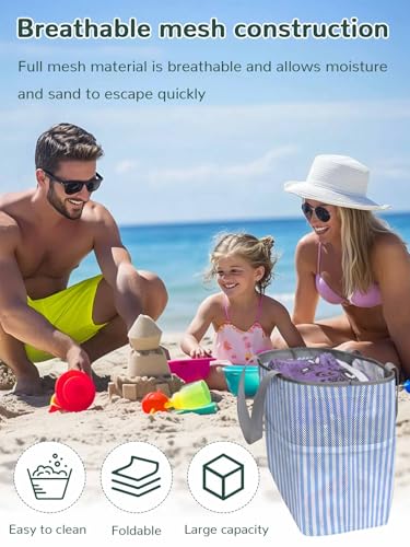 Mesh Beach Bag Oversized Tote Bags for Women Light Blue Stripe Large Travel Pool Bags with 8 Pockets2