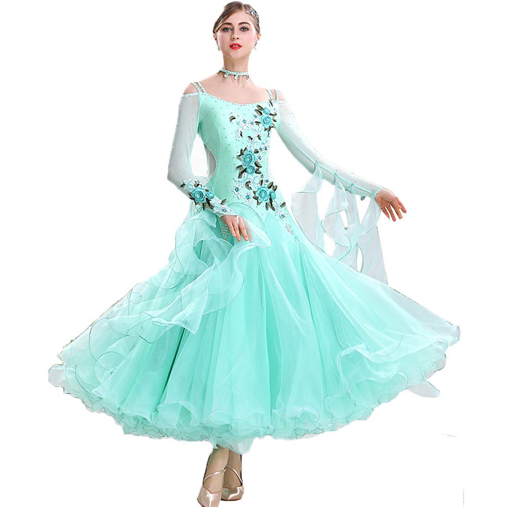 Embroidery National Standard Ballroom Dance Competition Dresses Modern Costume Professional Tango Waltz Dancewear,Green,XXL