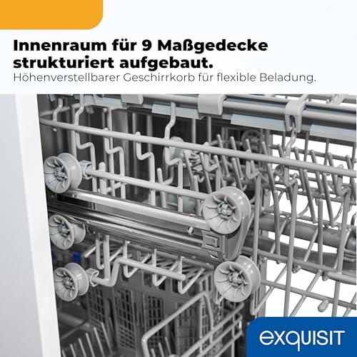 Exquisit Geschirrspüler | 9 Maßgedecke, Energieeffizienzklasse E, 49 dB(A) | schmal, kompakt, 7 Programme, Eco, Intensiv, Kurz, Extra-Trocknung, Startzeitverzögerung | GSP9309-030E weiss