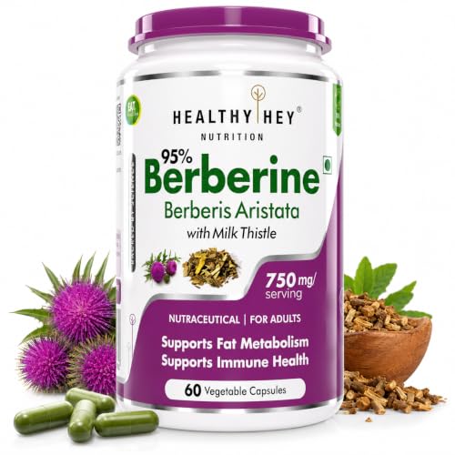 Image of HealthyHey Berberis - Berberine 95% with milk Thistle - Support Weight Management & Healthy Glucose Levels Supplements - 750 mg Veg. 60 Capsules