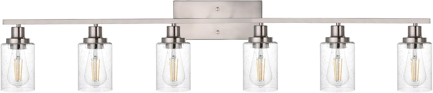 6-Lights Bathroom Vanity Light Fixtures with Seeded Glass Lampshades, 45.3-Inches Length Modern Brushed Nickel Wall Light Fixture for Kitchen Bathroom Lighting