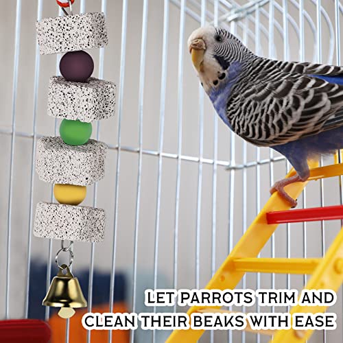 Image of Sanwuta 4 Pack Bird Toy Bird Beak Grinding Stone Parrot Chewing Toys with Bell Bird Cage Accessories Parrot Beak Stone Lava Block Calcium Stone for Parakeet Cockatiel Conure Hamster Chinchilla Rabbit