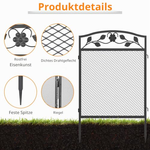 unho XXL Beetzaun aus Metall, Gartenzaun Beetumrandung 110cm hoch, schöner Dekozaun, mit Erdspießen, 5-teiliges Set, schwarz