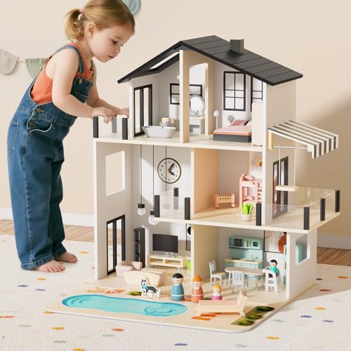 BIERUM Wooden Dollhouse, Large Modern Doll House with 44Pcs Furniture Accessories, Dolls & Pets, DIY Puzzle Pool Yard, Wood Dollhouse Toy for Toddlers 3+, Ideal Gift for Boys and Girls (Black)