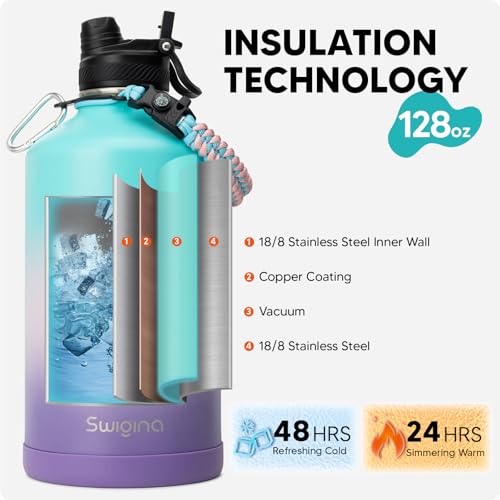Image of Swigina [2-IN-1 LID] Gallon Insulated Water Bottle with Silicone Boot (48hrs Cold /24hrs Hot) - DIY Stickers, Leakproof, BPA Free, 128 oz
