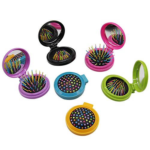 LuckyZhang 6 PCS Round Travel Hair Brush with Mirror, Folding Pocket Mini Hair Comb with Makeup Mirror