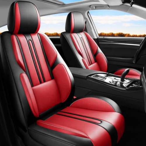 Image of Fit Terrain Car Seat Covers (Only Front 2 Seats) Compatible with GMC Terrain 2010-2024 2025 2026 - Full Coverage Breathable Leather,Airbag Compatible,Waterproof & All-Weather,Black-Red