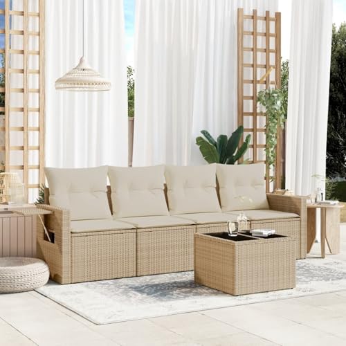 Homgoday Juego de sofás jardín con Cojines 5 pzas ratán sintético Beige Sofá de jardín con Mesa Muebles de jardín Exterior Rattan Garden Furniture Set de Jardin Beige y Crema